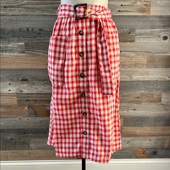 Moon River Retro Red Gingham Button-Down Belted Midi Skirt Size Medium NWT - Picture 2 of 6
